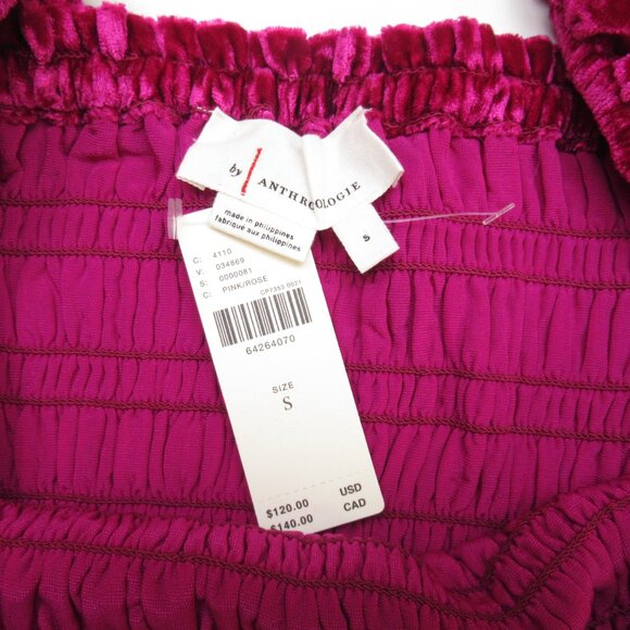 By Anthropologie Puff-Sleeved Velvet Blouse Jeweltone Pink - Small - Picture 7 of 9